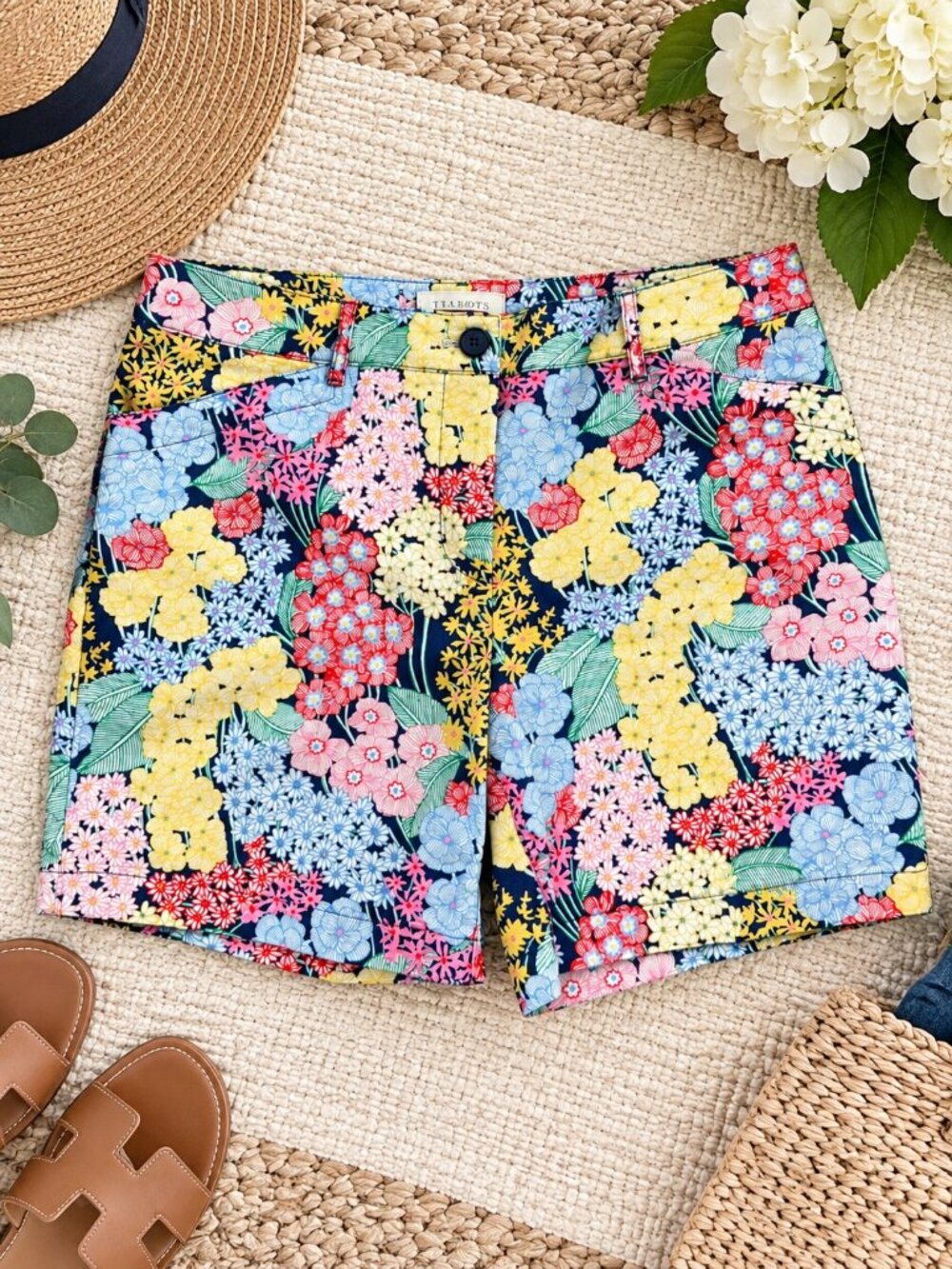Talbots Size 10 Floral Chino Shorts Navy Multicolor Garden Print